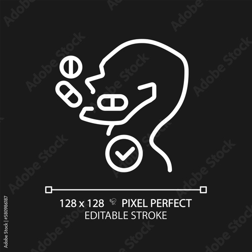 Take medication pixel perfect white linear icon for dark theme. Pills falling into patient throat. Pharmacy for disease. Thin line illustration. Contour symbol. Vector outline drawing. Editable stroke
