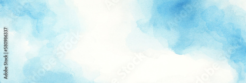 Hand painted blue and white watercolor background with abstract cloudy sky concept with color splash design and fringe bleed stains and blobs.