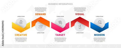 Vector business process. Modern timeline infographics with five options, circles, steps. Graphic vector template with 5 icons