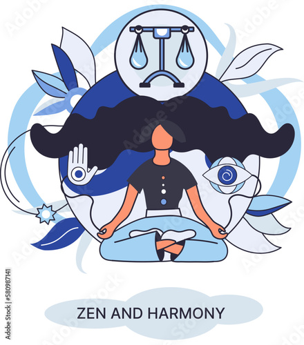 Zen and harmony metaphor, meditation practice. Balance, relaxation, mindfulness. Calm person relaxing. Yoga and spiritual practice, relax, recreation, healthy lifestyle. Japanese cult of mind and body