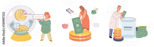 Budget plan concept. Evaluates income and expenses, analyzes investments and savings. Financial literacy and economics, accounting. Planning and distribution of money. Income and expenses report