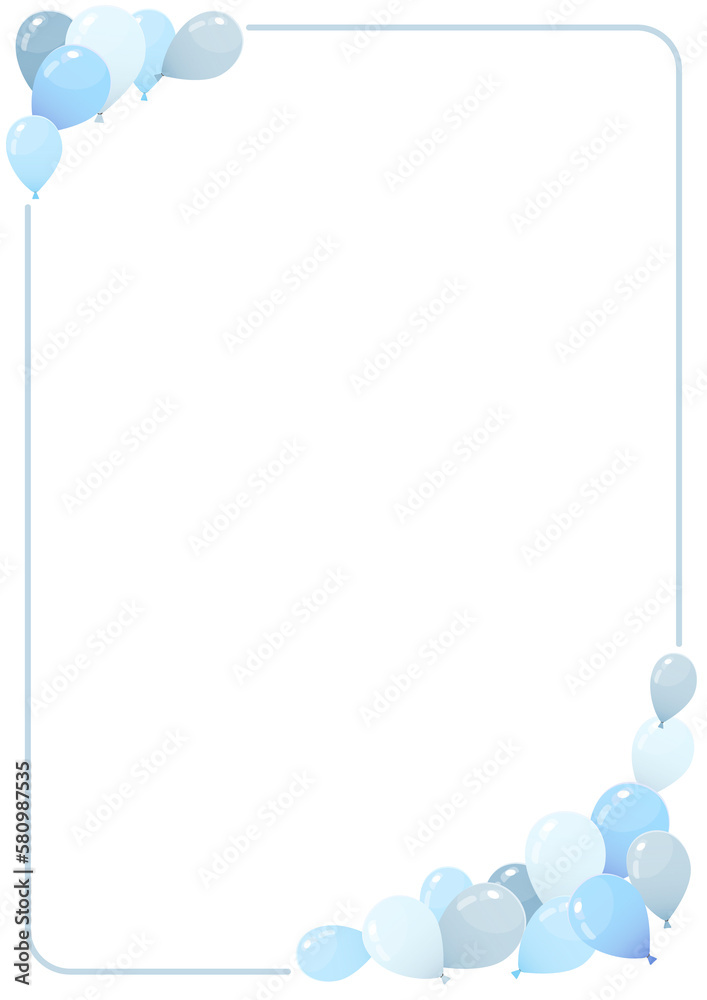 frame with decoration of party balloons in blue and purple tones in vertical format to include in documents or posters