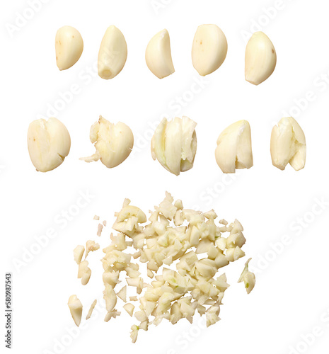 Collection of garlic isolated on transparent set peeled and chopped sliced cloves