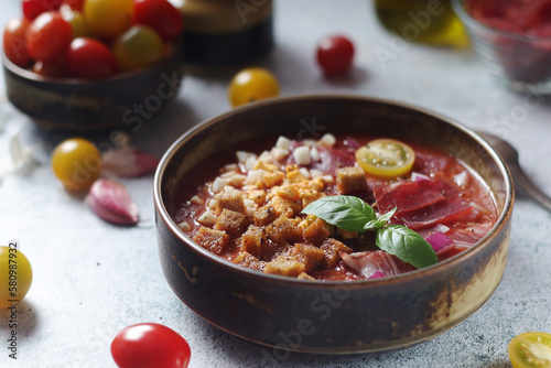 Spanish traditional tomato soup salmorejo photo