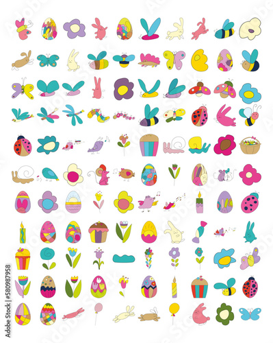 Easter Set Doodle Colorful on white with bunny, buterfly, eggs, bees, flowers, bird, cupcake, basket