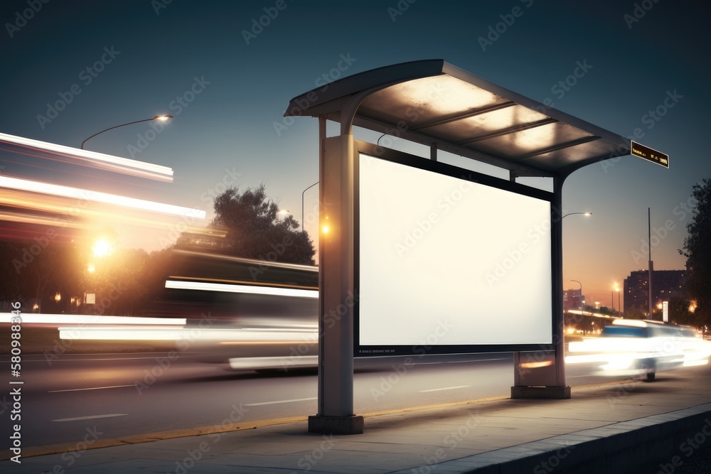 Billboard with light in the city center at night, with bus in motion Generative AI Billboard with light in the city center at night, with bus in motion Generative AI