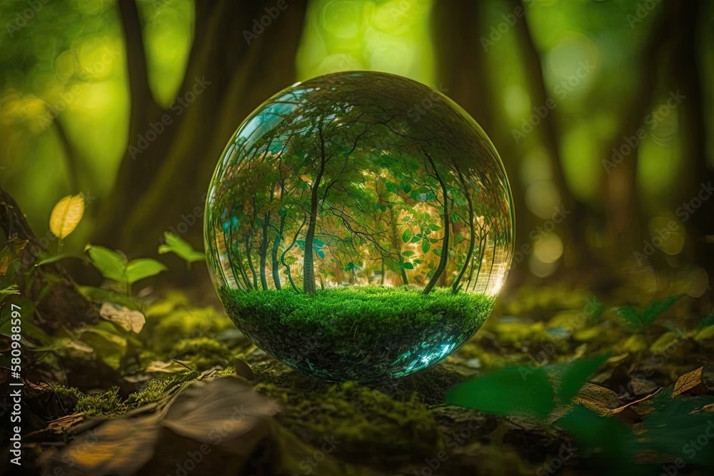 Water drop in earth shape with green leaves in the jungle. World Environment Day. Generative AI Water drop in earth shape with green leaves in the jungle. World Environment Day. Generative AI