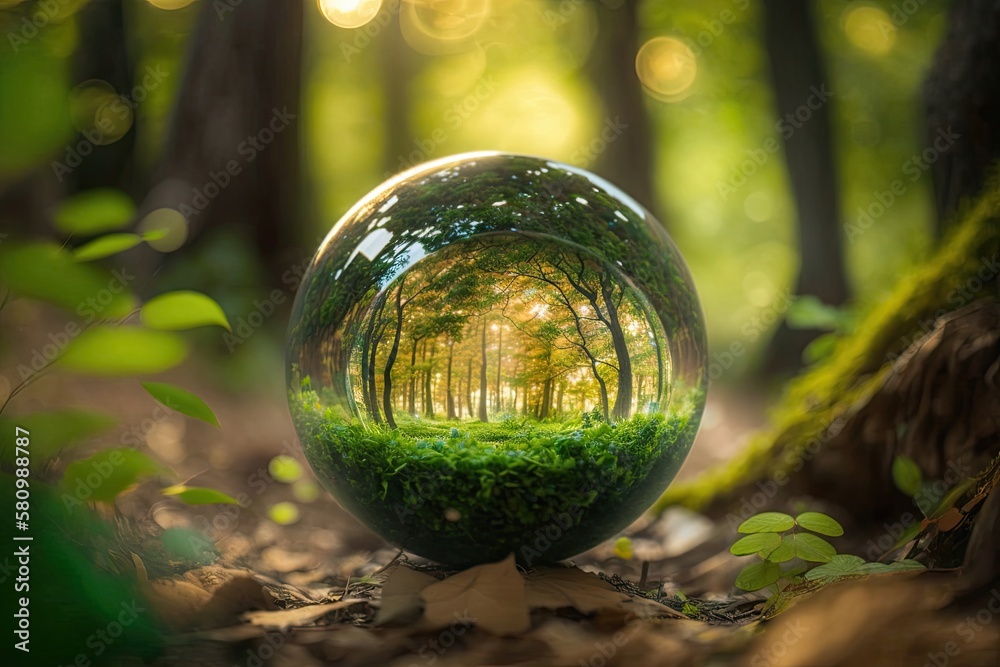 Water drop in earth shape with green leaves in the jungle. World Environment Day. Generative AI Water drop in earth shape with green leaves in the jungle. World Environment Day. Generative AI