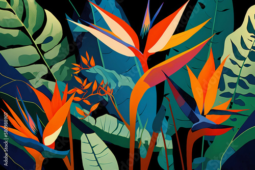 A Stunning Pattern of Strelitzia and Tropical Leaves, Generative AI © Andrii Fanta