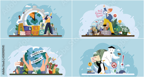 Stop climate change banners set for nature promotion to save planet. Justice for earth. Ecology volunteer cartoon character urge to protect environment, toxic emission problem, environmental damage