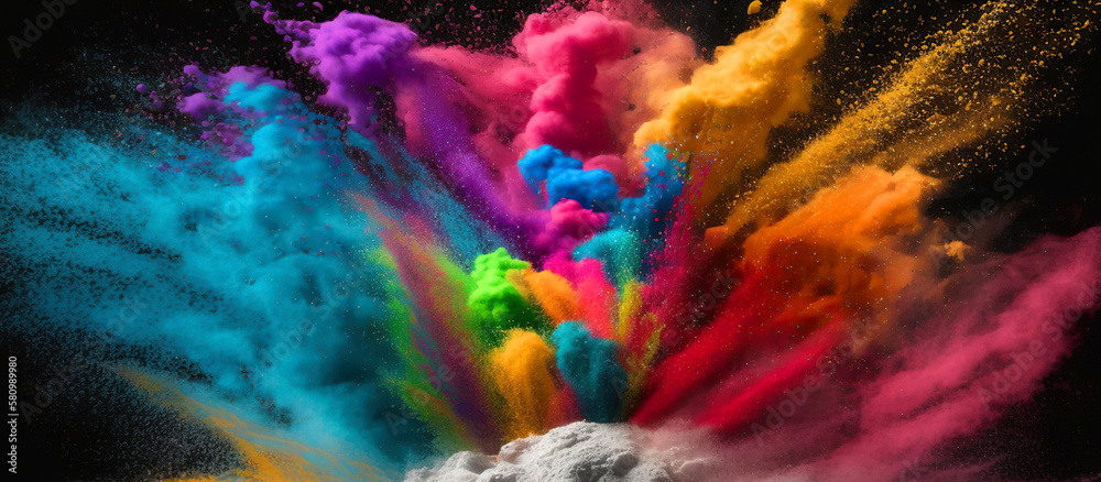 An explosion of colored powder highlighted on a black background. Generative AI. Abstract color background. An explosion of colored powder highlighted on a black background. Generative AI. Abstract color background.