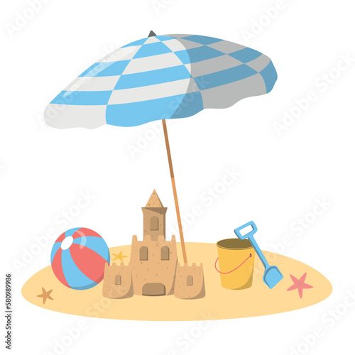 Beach children vacation illustration with a shovel, bucket, sand castle, ball, and parasol. Isolated on white background. Template for banner, poster, greeting card, etc
