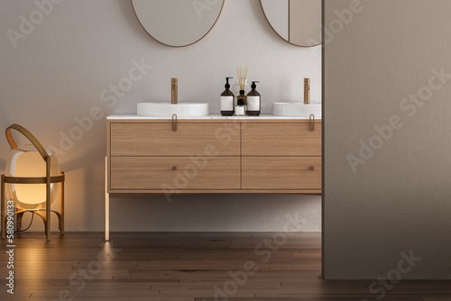 Bathroom cabinet with double white sink in bright bathroom  white wall  parquet floor  mock up  light. 3d rendering