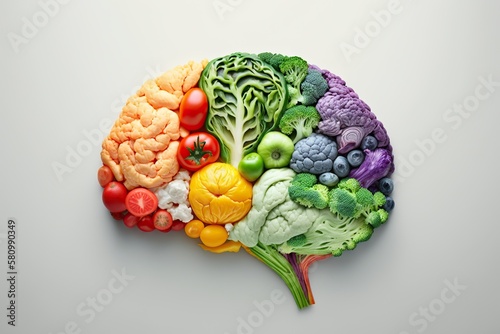 Brain made out of fruits and vegetables isolated on white background. Generative AI