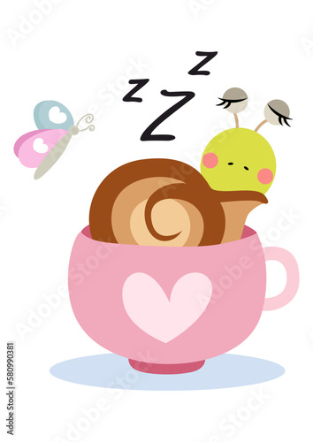 Funny snail sleeping inside the teacup