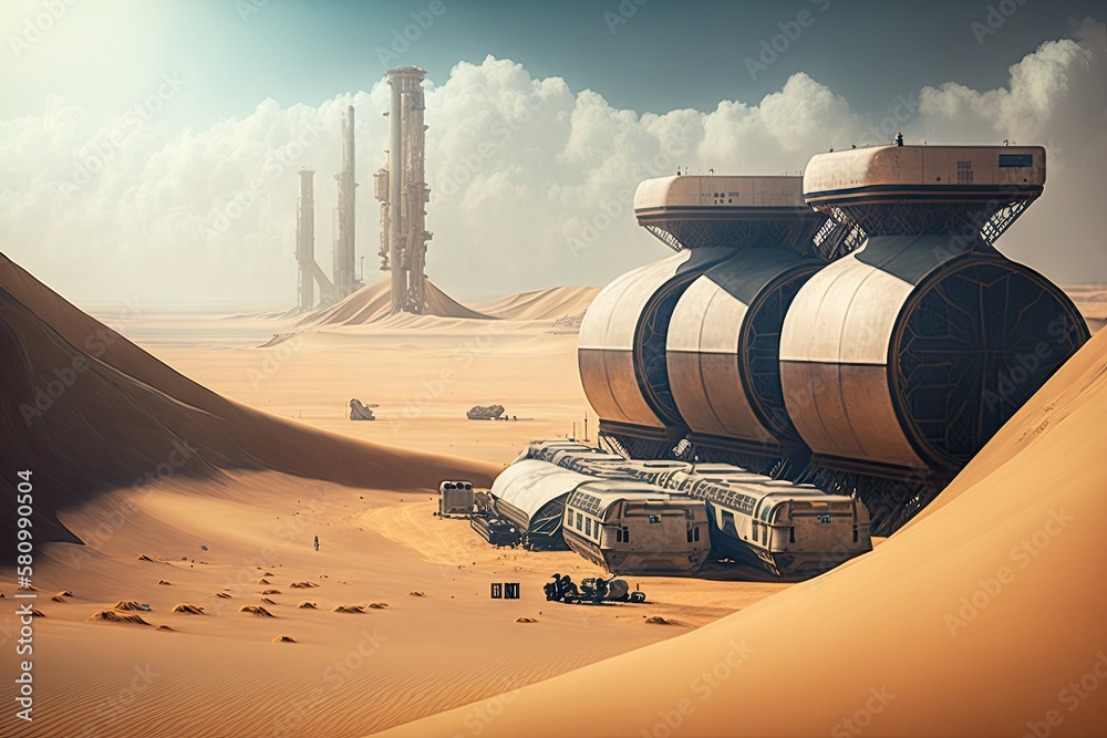 Φωτογραφία futuristic cargo port of future against background of brown sand dunes and sea,