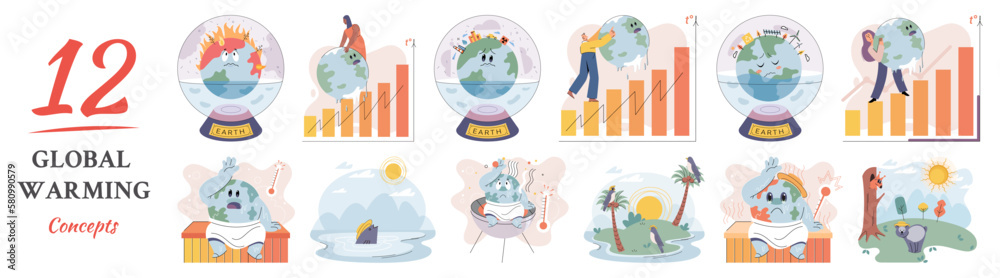 Naklejka premium Climate change weather global greenhouse warming risks metaphor concept. Save planet. Compared planet with renewable eco resources consumption global warmings burning alternative. Environment Day