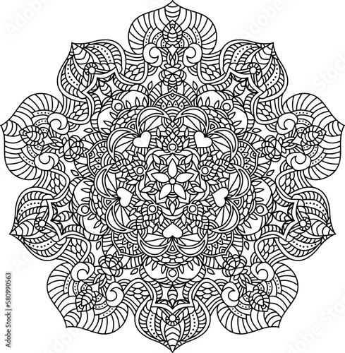 Ornamental round pattern with floral elements for modern coloring book for adult, shirt design or tattoo. 