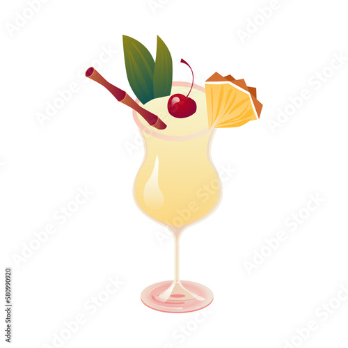 Pina Colada cocktail with pineapple slice, straw and cherry. A glass of alcoholic drink isolated on white background. Vector illustration.
