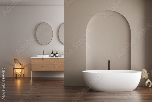 Bright bathroom interior with double sink and mirror  carpet on hardwood floor  bathtub  plants. Bathing accessories and modern furniture. 3D rendering