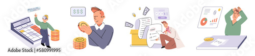 Set of people analyzing personal or corporate budget. Concept of finance accounting and calculation of financial income and expenses report. Financial consultant with document for tax computation