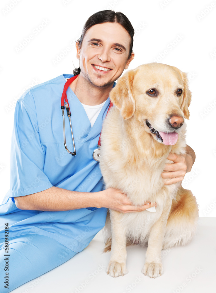 Beautiful young veterinarian with a dog