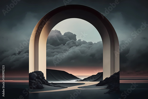 Surreal dark landscape with arc, dark pastel tones, Generative AI