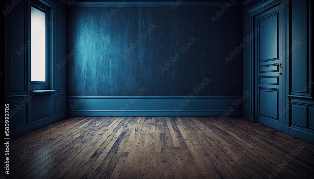wooden floor and dark blue wall, empty room wooden floor and dark blue wall, empty room