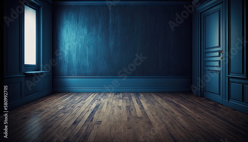 wooden floor and dark blue wall, empty room