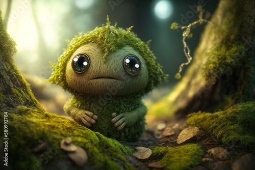 Tiny fantasy green creature in the woods.  Created with Generative AI technology.