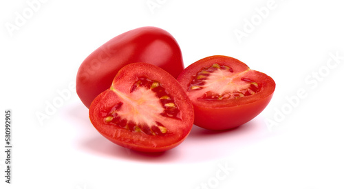 Fresh tomatoes, close-up, isolated on white background.