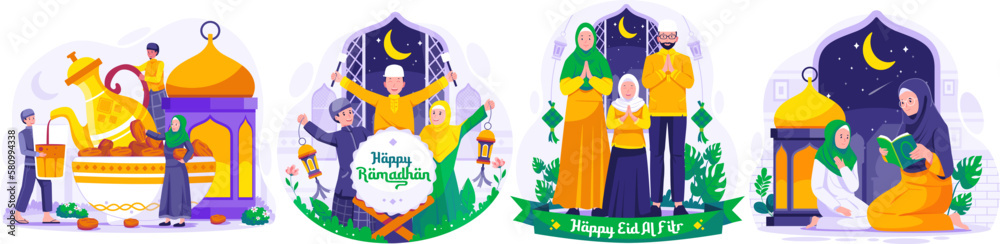 Illustration Set of Ramadan concept with Muslim People greeting and celebrating Ramadan Kareem and Eid Mubarak. Greeting Each other and apologizing. Iftar Party. Reading Quran Illustration Set of Ramadan concept with Muslim People greeting and celebrating Ramadan Kareem and Eid Mubarak. Greeting Each other and apologizing. Iftar Party. Reading Quran