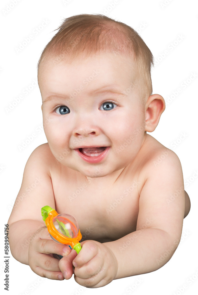 Cute baby girl on her stomach with teether in the mouth Cute baby girl on her stomach with teether in the mouth