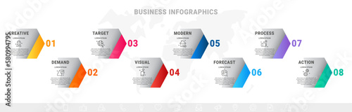 Vector arrows business infographics. Modern timeline template with eight options, steps, icons. Simple graphic flowchart template