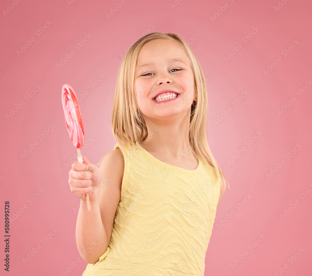 Candy, smile and lollipop with portrait of girl in studio for sugar, party and carnival food isolated on pink background. Cute, positive and youth with child and eating snack for playful and treats Candy, smile and lollipop with portrait of girl in studio for sugar, party and carnival food isolated on pink background. Cute, positive and youth with child and eating snack for playful and treats