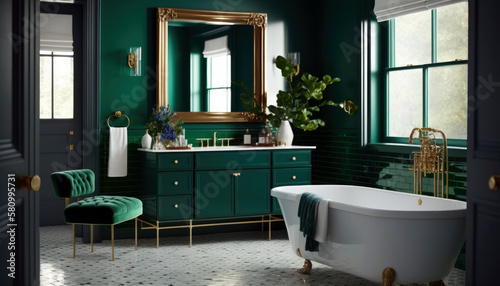 The elegant emerald bathroom. Generative ai.