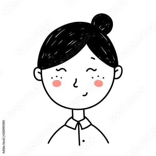 Cute portrait of young girl isolated on white background. Cartoon character. Vector hand-drawn illustration in doodle style. Perfect for social media, avatars, logo, various designs.