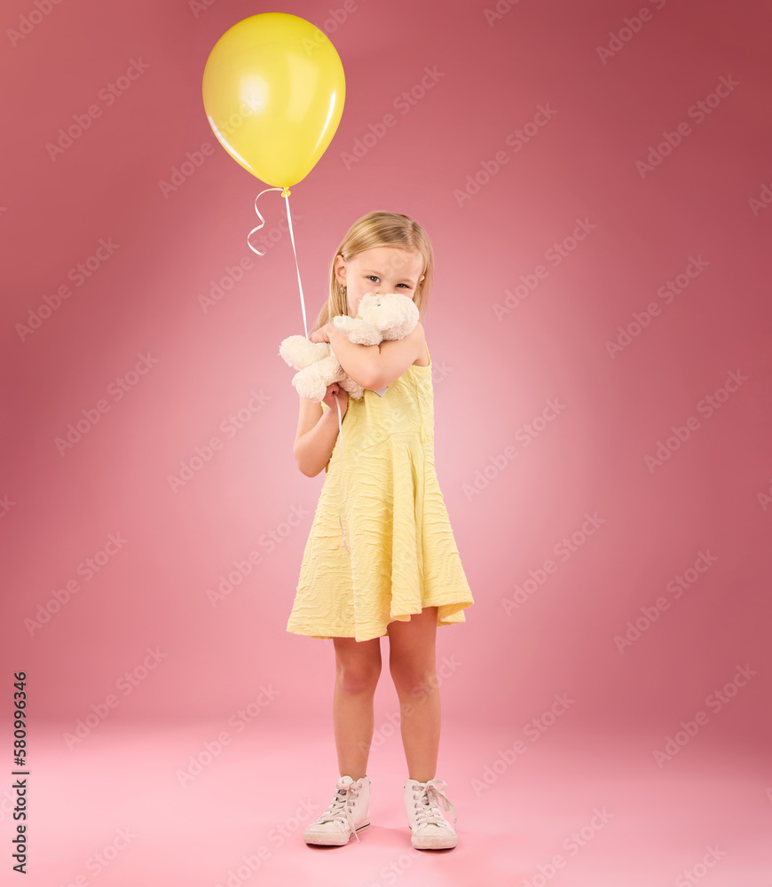 Teddy bear kiss, balloon and girl portrait with a soft toy with happiness and love for toys in a studio. Isolated, pink background and a young female child feeling happy, joy and cheerful with friend Teddy bear kiss, balloon and girl portrait with a soft toy with happiness and love for toys in a studio. Isolated, pink background and a young female child feeling happy, joy and cheerful with friend