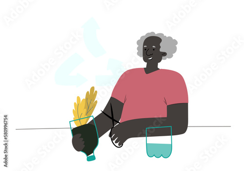 Flat upcycle minimalistic illustration of senior man making flower pot out of plastic used bottle.