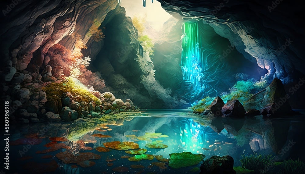 Colorful crystal cave inside the mountain. Waterfalls are falling in ...