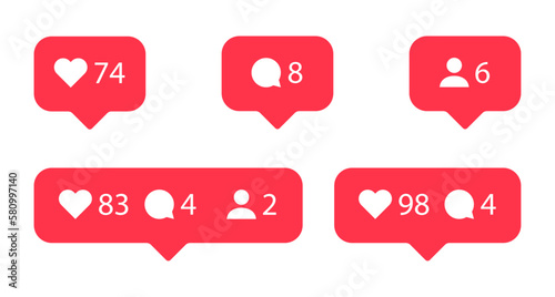 Social media notification flat icons set. Like, comment and follower buttons. photo