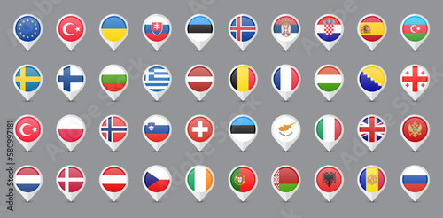 Location markers with flags of Europe countries. Vector illustration. © Ivan