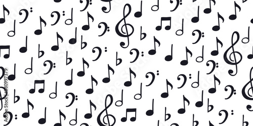 Seamless flying musical notes on white. Musical symbols for banner of festival, print design, melody recording, design back layers. Template musical notation symphony signs, notes for sound tune music