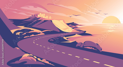 sea road sunset. adventure travel Hills, big water and the city. Vector flat illustration