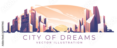 city background sunset. Large horizontal panorama with skyscrapers. Modern buildings. Vector illustration