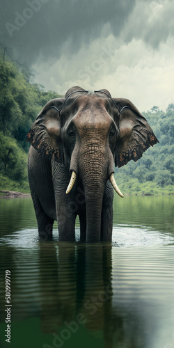 Close Look Of Elephant Swimming In Lake Generative Ai Digital Illustration Part#130323