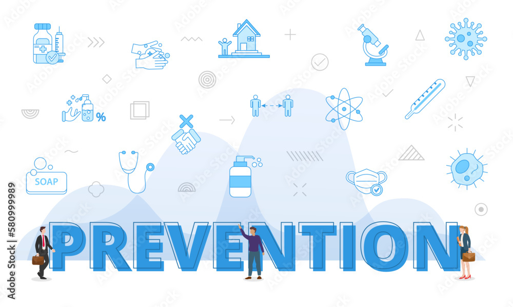 prevention virus spread concept with big words and people surrounded by related icon with blue color style prevention virus spread concept with big words and people surrounded by related icon with blue color style