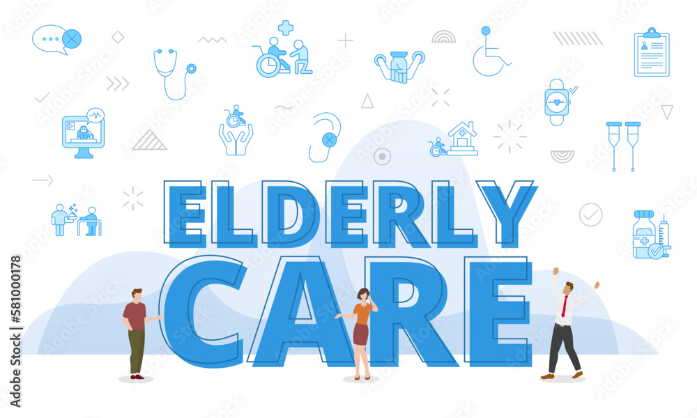 elderly care concept with big words and people surrounded by related icon with blue color style