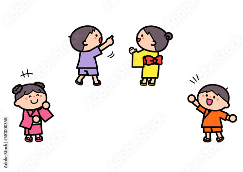 縁日イラスト：見物して楽しむ子どもたち.