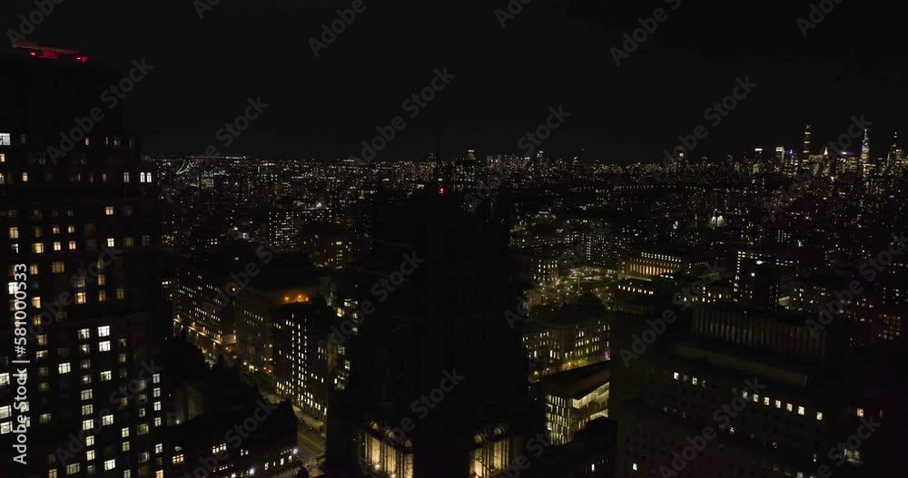 Aerial view away from the Riverside church in New York, USA - pull back, drone shot Aerial view away from the Riverside church in New York, USA - pull back, drone shot